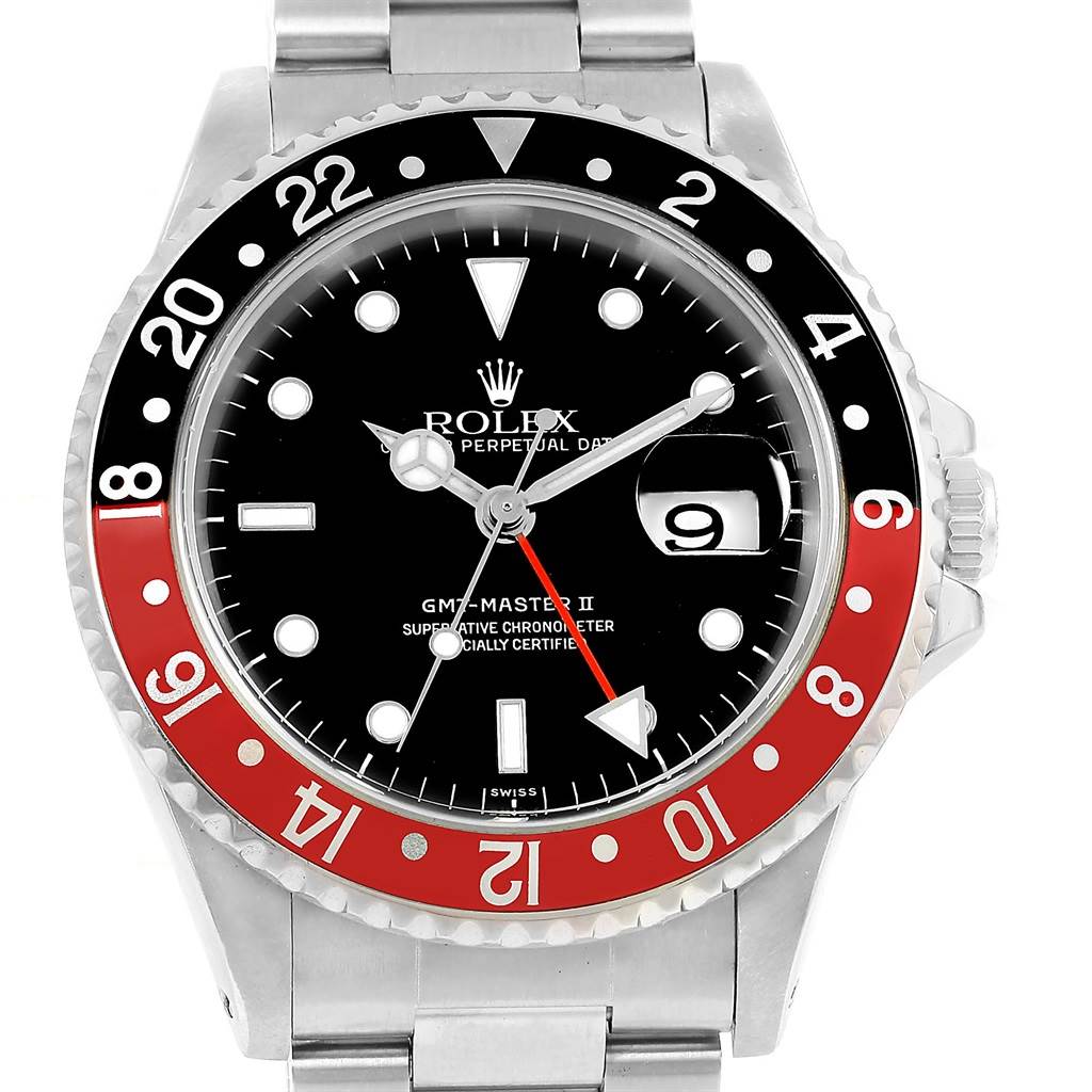 A front view of the Rolex GMT-Master 16710 Men's Stainless Steel Black Dial 16710 Men's Stainless Steel Black Dial II watch displaying its bezel, dial, and part of its bracelet.