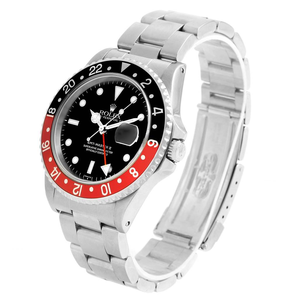 The Rolex GMT-Master 16710 Men's Stainless Steel Black Dial 16710 Men's Stainless Steel Black Dial model watch is shown from an angled view highlighting the face, bezel, crown, and full bracelet.