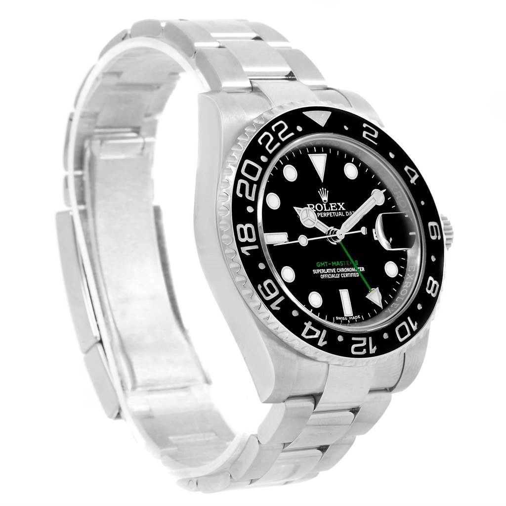 The image shows a Rolex GMT-Master 116710 Men's Stainless Steel Black Dial 116710 Men's Stainless Steel Black Dial watch at a three-quarter angle, highlighting its face, bezel, and stainless steel bracelet.