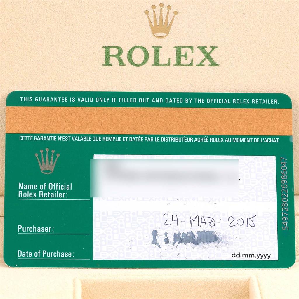 The image shows a guarantee card for the Rolex GMT-Master 116710 Men's Stainless Steel Black Dial 116710 Men's Stainless Steel Black Dial watch with dates and fields for retailer and purchaser details.