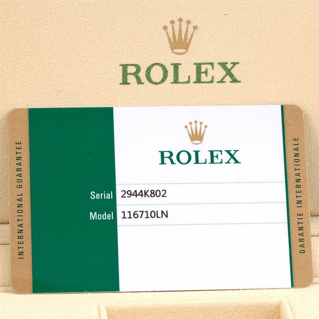 This image shows the guarantee card for a Rolex GMT-Master 116710 Men's Stainless Steel Black Dial 116710 Men's Stainless Steel Black Dial model 116710LN.