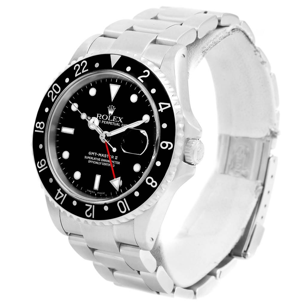 The image shows a Rolex GMT-Master 16710 Men's Stainless Steel Black Dial 16710 Men's Stainless Steel Black Dial II watch from a front angle, displaying its face, bezel, and bracelet.