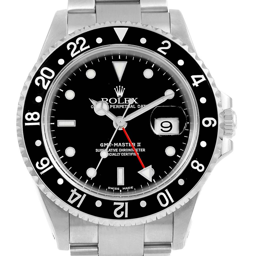 The image shows a Rolex GMT-Master 16710 Men's Stainless Steel Black Dial 16710 Men's Stainless Steel Black Dial II watch face straight on, highlighting the bezel, dial, hands, and date window.