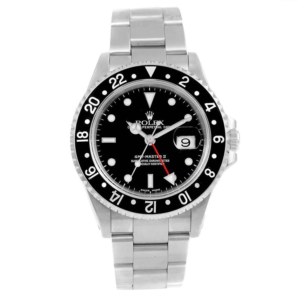 The front view of the Rolex GMT-Master 16710 Men's Stainless Steel Black Dial 16710 Men's Stainless Steel Black Dial II watch shows the dial, bezel, hands, date window, and bracelet.