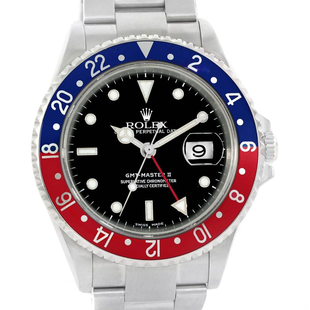 The image displays a front view of the Rolex GMT-Master 16710 Men's Stainless Steel Black Dial 16710 Men's Stainless Steel Black Dial II watch showing the dial, bezel, and bracelet.
