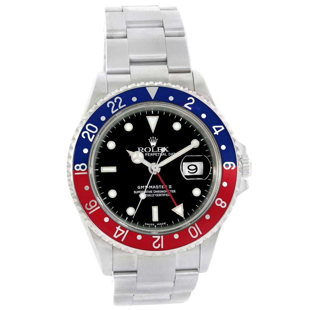 This image shows a front view of the Rolex GMT-Master 16710 Men's Stainless Steel Black Dial 16710 Men's Stainless Steel Black Dial II watch, featuring a 'Pepsi' bezel, black dial, and metal bracelet.