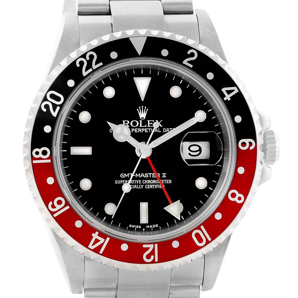 This image shows a front view of a Rolex GMT-Master 16710 Men
s Stainless Steel Black Dial 16710 Men
s Stainless Steel Black Dial II watch, highlighting its black and red bezel and dial.
