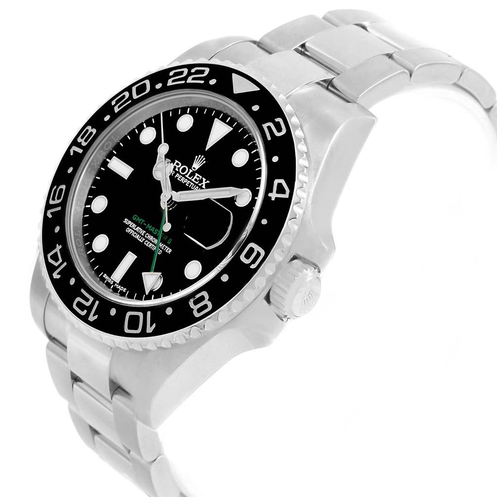 The image shows a Rolex GMT-Master 116710 Men's Stainless Steel Black Dial 116710 Men's Stainless Steel Black Dial watch at an angled side view, highlighting its face, bezel, crown, and part of the bracelet.