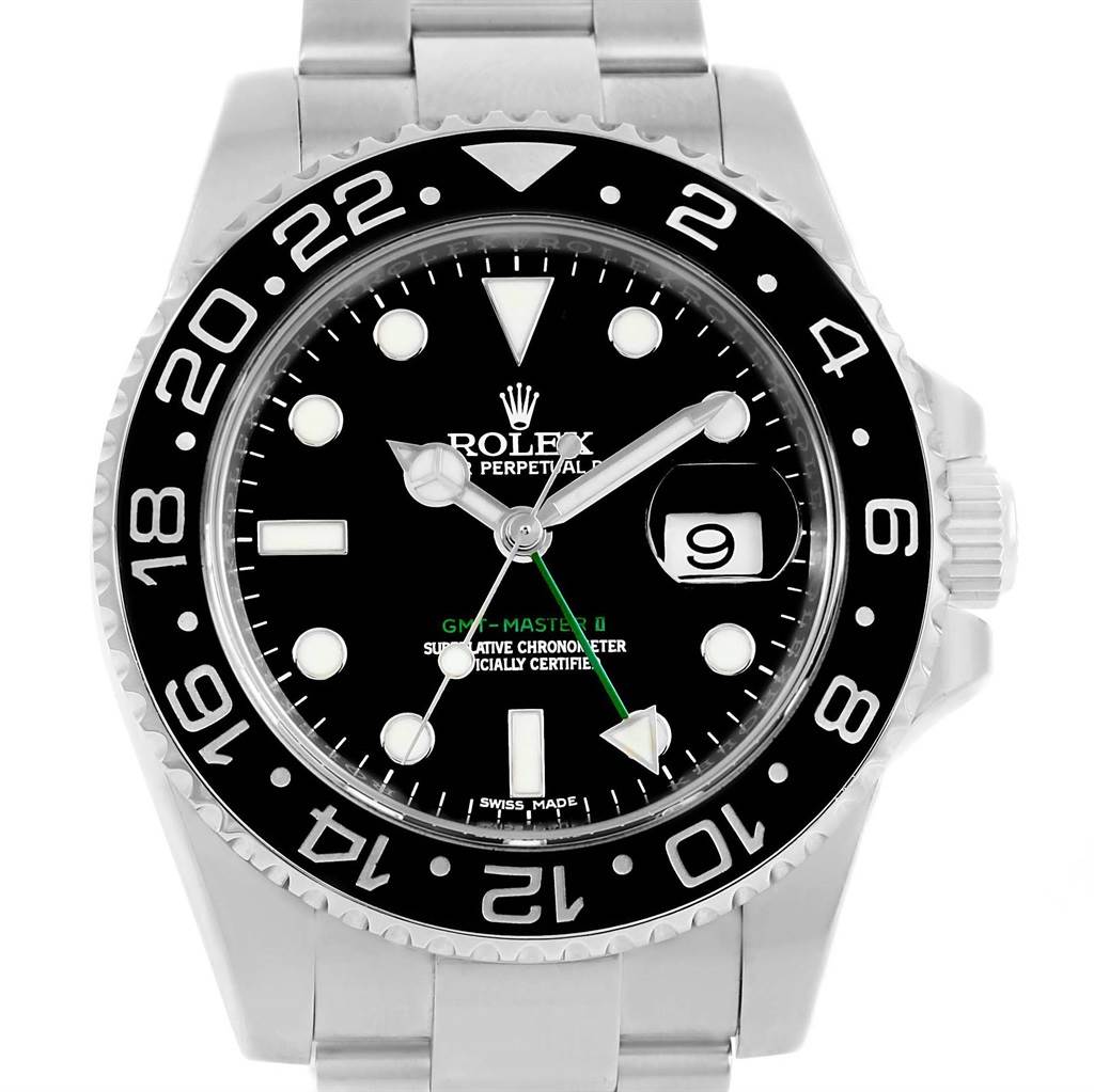 The image shows a front view of a Rolex GMT-Master 116710 Men's Stainless Steel Black Dial 116710 Men's Stainless Steel Black Dial II watch, highlighting the dial, bezel, and bracelet.