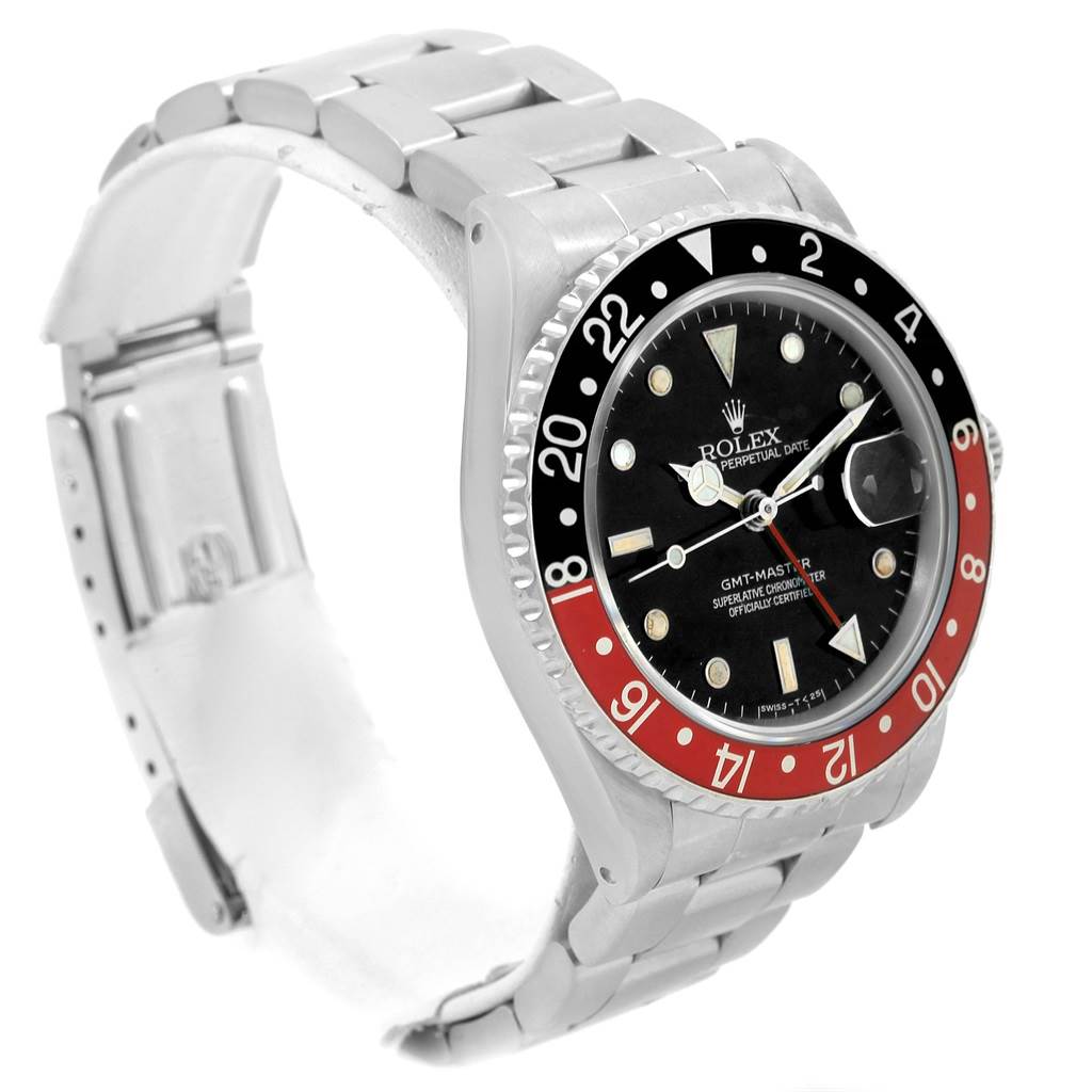 The Rolex GMT-Master 16700 Men's Stainless Steel Black Dial 16700 Men's Stainless Steel Black Dial watch is shown at a 3/4 angle, highlighting the bezel, dial, and part of the bracelet.