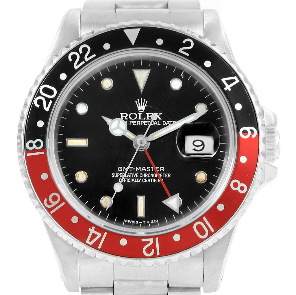 The image shows the front view of a Rolex GMT-Master 16700 Men's Stainless Steel Black Dial 16700 Men's Stainless Steel Black Dial watch, highlighting its dial, hands, date window, and bezel.