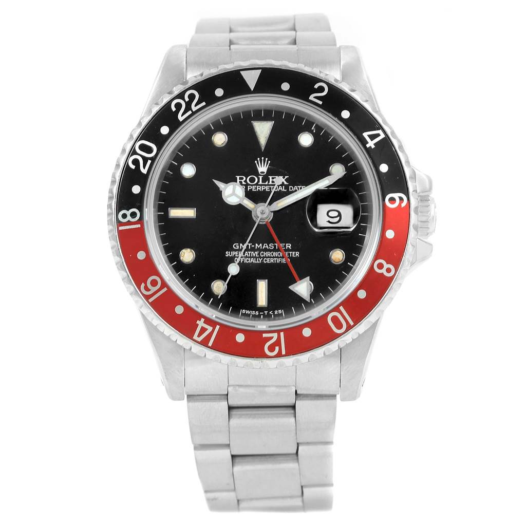 The image shows a Rolex GMT-Master 16700 Men's Stainless Steel Black Dial 16700 Men's Stainless Steel Black Dial watch from the front, displaying the dial, bezel, crown, and bracelet.