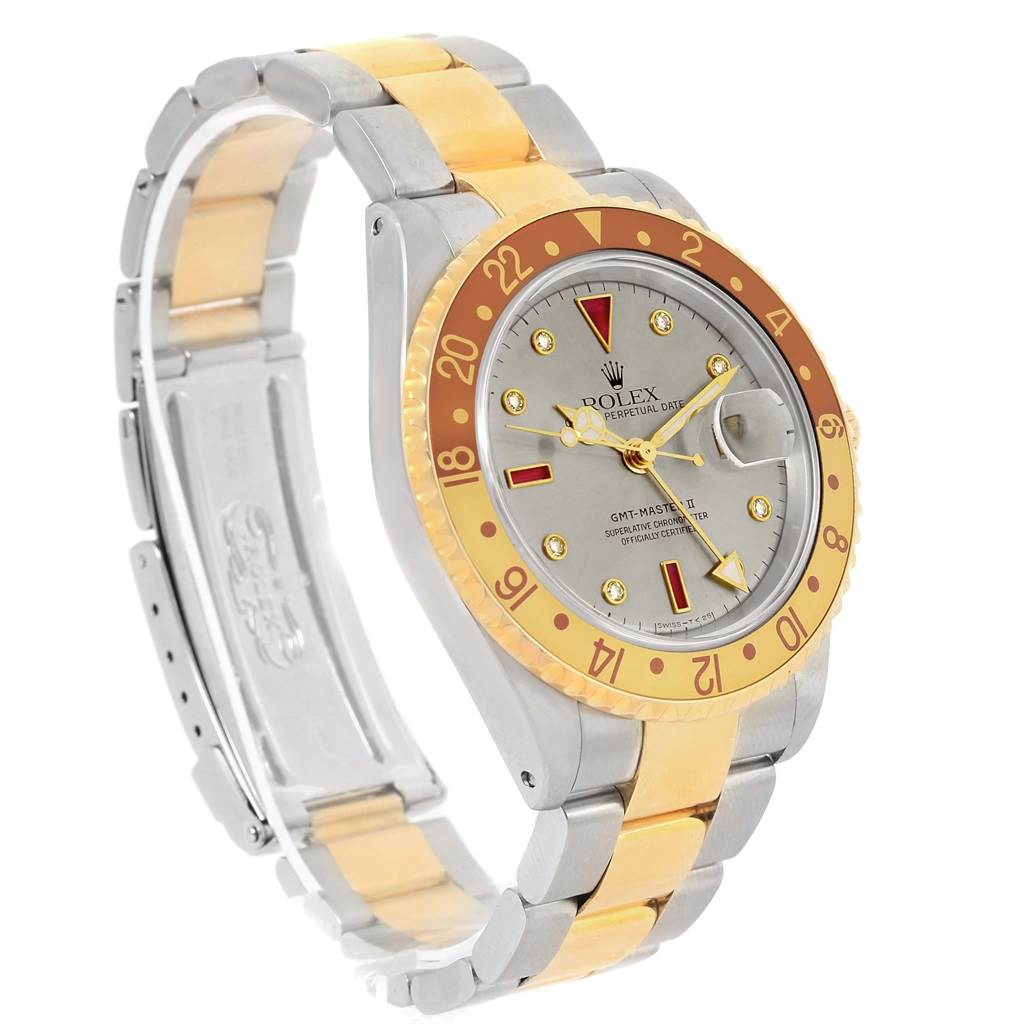 The Rolex GMT-Master 16713 Men's Stainless Steel Grey Dial 16713 Men's Stainless Steel Grey Dial watch is shown from a three-quarter angle, displaying the face, bezel, and bracelet.