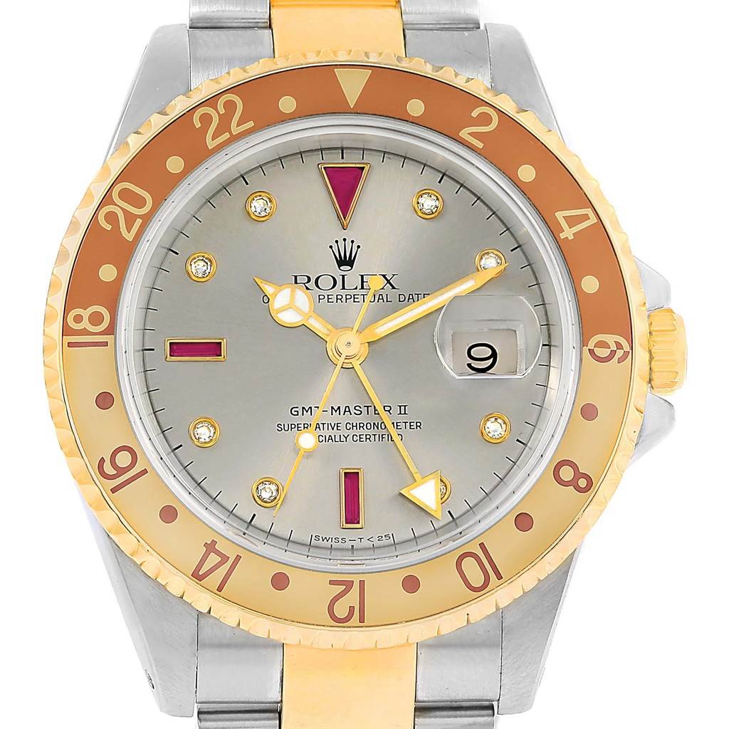 This Rolex GMT-Master 16713 Men's Stainless Steel Grey Dial 16713 Men's Stainless Steel Grey Dial watch is shown from the front, highlighting the face, bezel, and bracelet.
