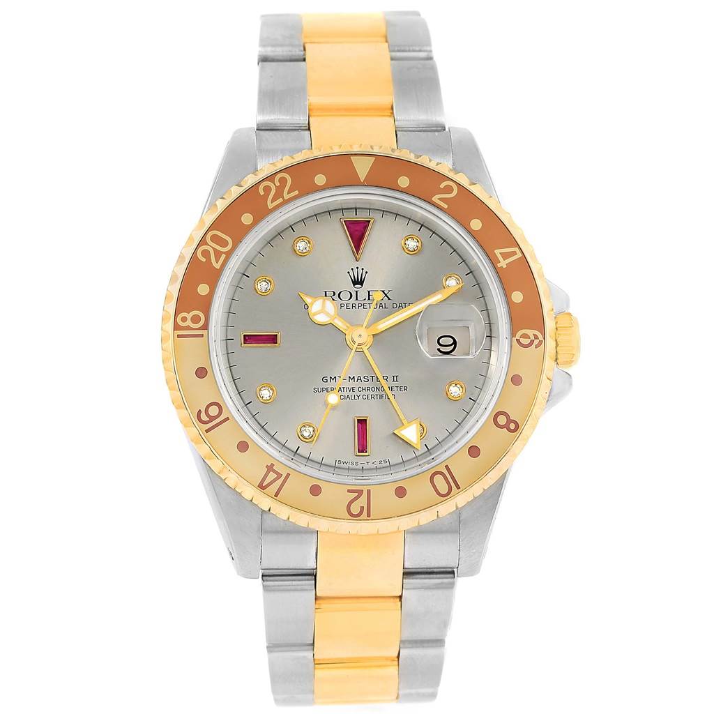 The Rolex GMT-Master 16713 Men's Stainless Steel Grey Dial 16713 Men's Stainless Steel Grey Dial watch is shown from a frontal angle, displaying its face, bezel, bracelet, and dial.