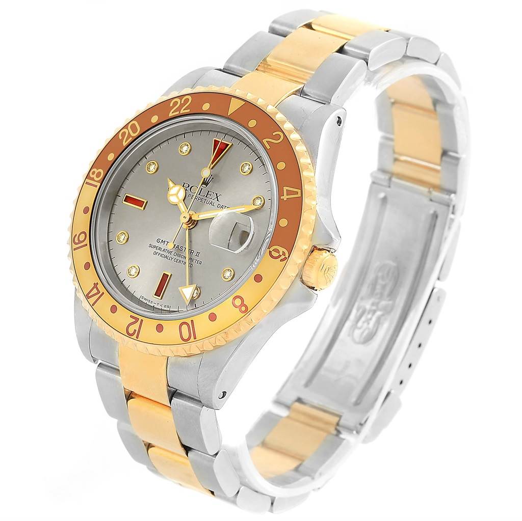 The image shows a Rolex GMT-Master 16713 Men's Stainless Steel Grey Dial 16713 Men's Stainless Steel Grey Dial watch at a slight angle, displaying the face, bezel, and partially opened bracelet.