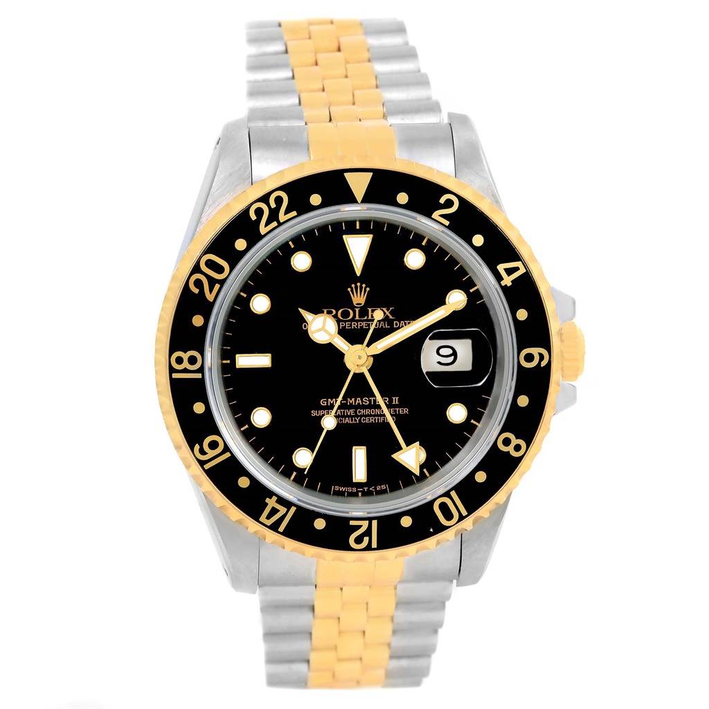 The image shows a front view of a Rolex GMT-Master 16713 Men's Stainless Steel Black Dial 16713 Men's Stainless Steel Black Dial II watch, highlighting its black dial, dual-tone bezel, and two-tone bracelet.