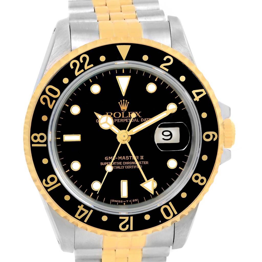The image shows the face and bracelet of a Rolex GMT-Master 16713 Men's Stainless Steel Black Dial 16713 Men's Stainless Steel Black Dial II watch, highlighting its bezel, dial, and the two-tone bracelet.
