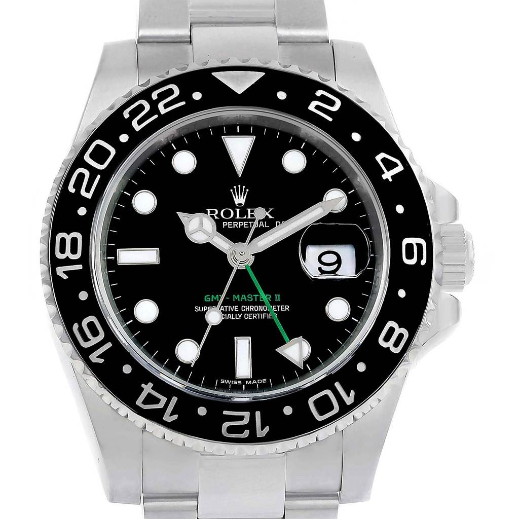 This image shows a front view of the Rolex GMT-Master 116710 Men
s Stainless Steel Black Dial 116710 Men
s Stainless Steel Black Dial II watch, displaying its face, bezel, and part of the bracelet.