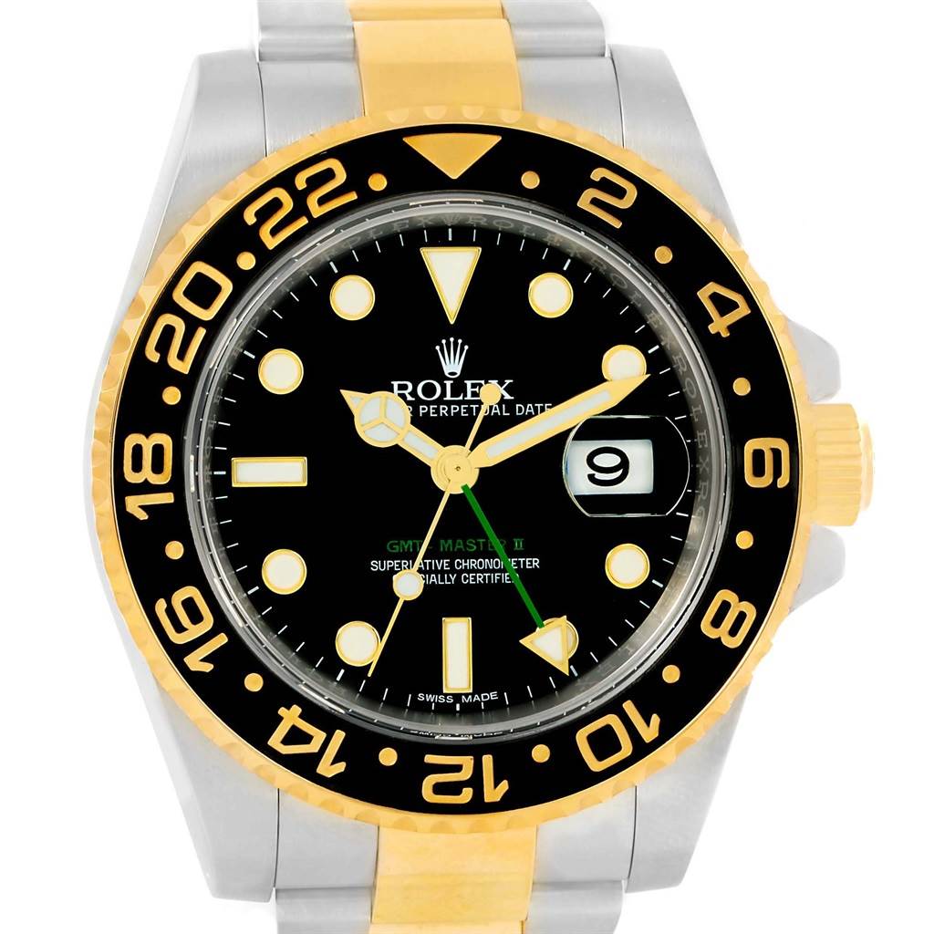 The Rolex GMT-Master 116713 Men's Stainless Steel Black Dial 116713 Men's Stainless Steel Black Dial, photographed head-on, shows the dial, bezel, and part of the bracelet.