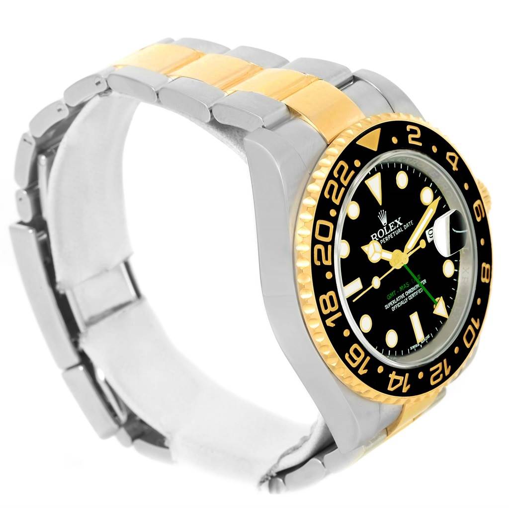 The Rolex GMT-Master 116713 Men's Stainless Steel Black Dial 116713 Men's Stainless Steel Black Dial watch is shown at a three-quarter angle, highlighting its bezel, dial, and two-tone bracelet.