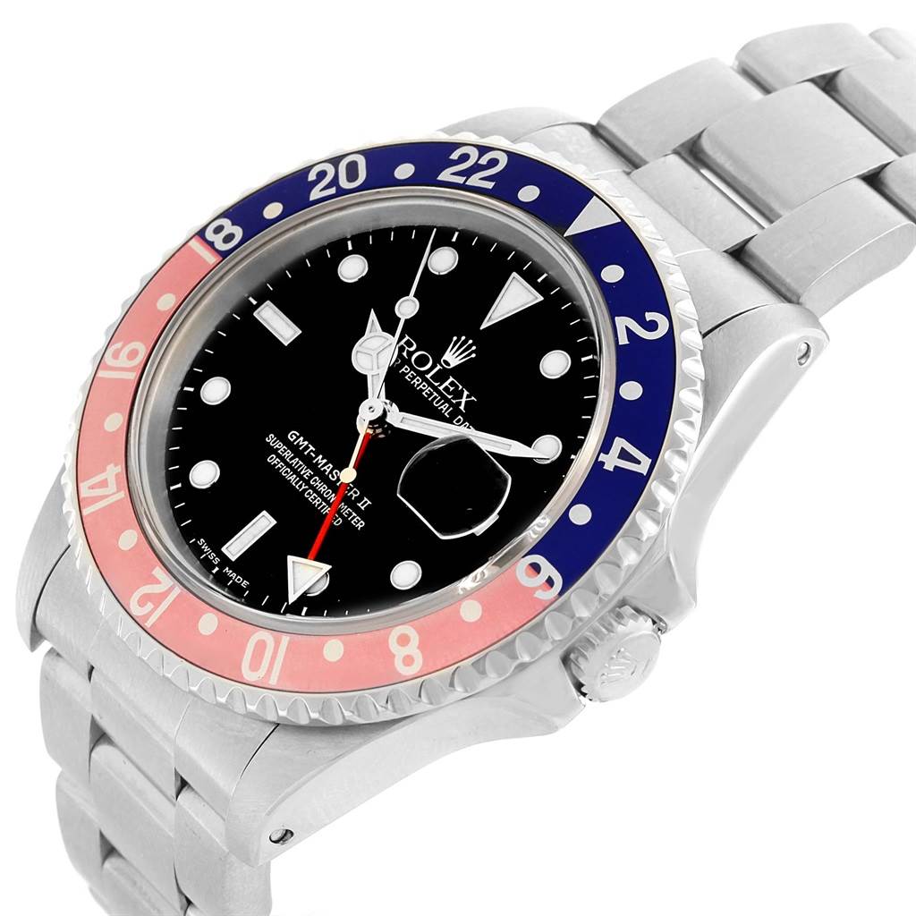 This image shows a side-angle view of a Rolex GMT-Master 16710 Men's Stainless Steel Black Dial 16710 Men's Stainless Steel Black Dial watch, showcasing its bezel, dial, case, and bracelet.