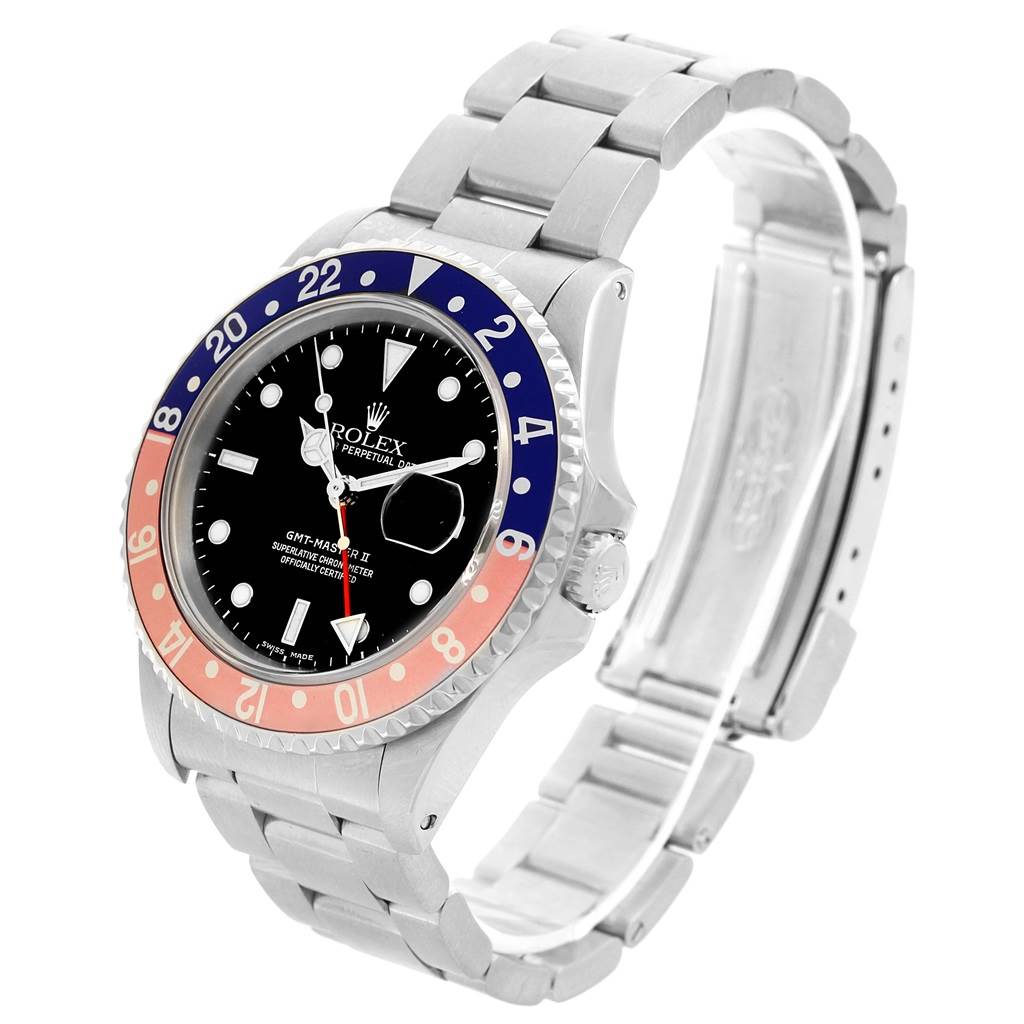 The image shows a side angle of a Rolex GMT-Master 16710 Men's Stainless Steel Black Dial 16710 Men's Stainless Steel Black Dial watch featuring its bezel, face, and bracelet.