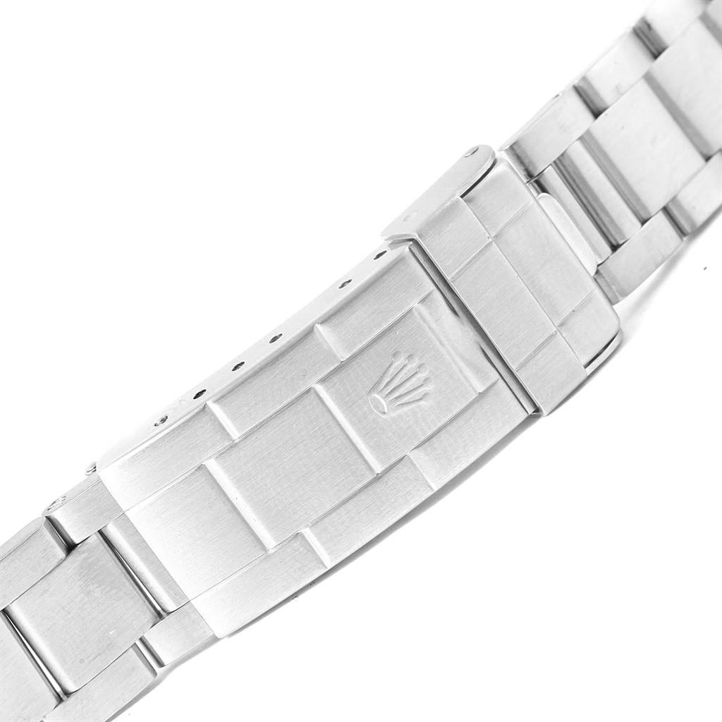 The image shows a close-up of the bracelet and clasp, featuring the Rolex logo, of the Rolex GMT-Master 16710 Men's Stainless Steel Black Dial 16710 Men's Stainless Steel Black Dial watch.