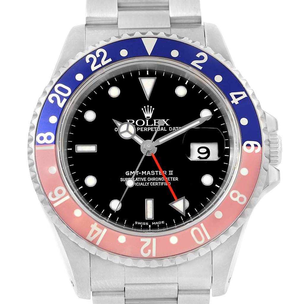 The image shows a front view of a Rolex GMT-Master 16710 Men's Stainless Steel Black Dial 16710 Men's Stainless Steel Black Dial II watch, highlighting the dial, bezel, and part of the bracelet.