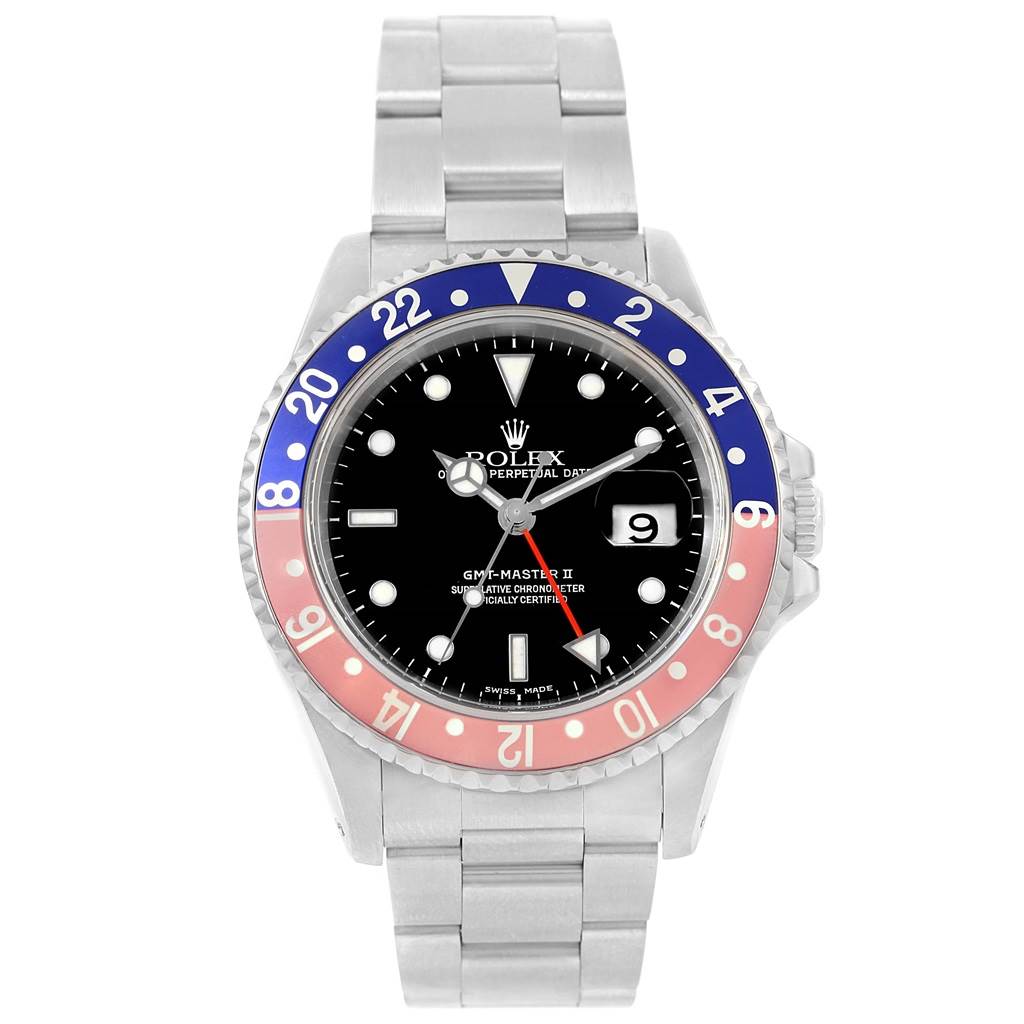 The image shows a Rolex GMT-Master 16710 Men's Stainless Steel Black Dial 16710 Men's Stainless Steel Black Dial watch from the front, displaying its bezel, dial, hands, date window, and bracelet.