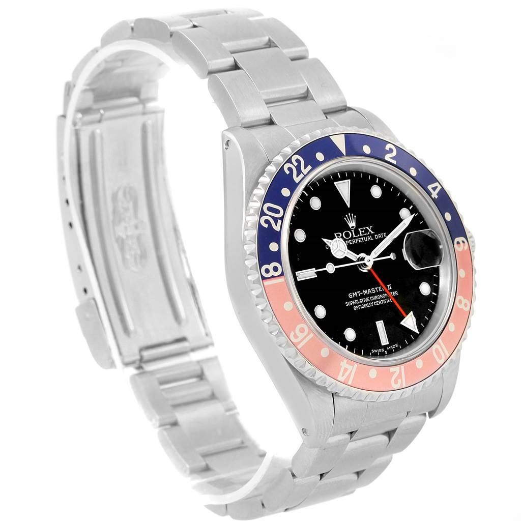 This Rolex GMT-Master 16710 Men's Stainless Steel Black Dial 16710 Men's Stainless Steel Black Dial watch is shown at a slight left-side angle, displaying the bezel, dial, crown, and full bracelet.