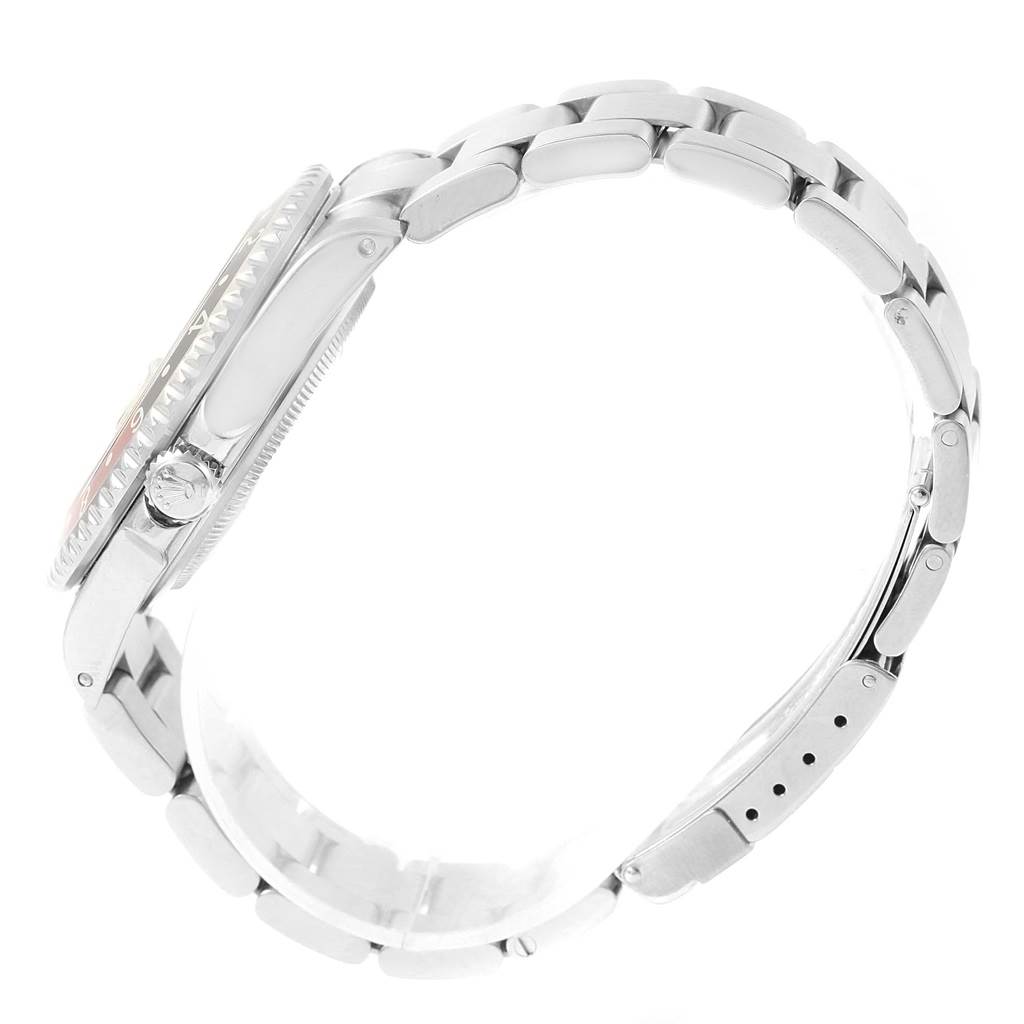 The image shows a side profile of a Rolex GMT-Master 16710 Men's Stainless Steel Black Dial 16710 Men's Stainless Steel Black Dial, highlighting its bracelet, crown, and case.