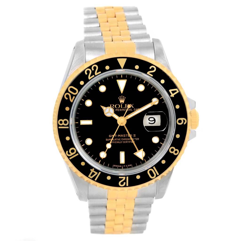 The image shows a front view of the Rolex GMT-Master 16713 Men's Stainless Steel Black Dial 16713 Men's Stainless Steel Black Dial II watch with a two-tone bracelet and a black dial.