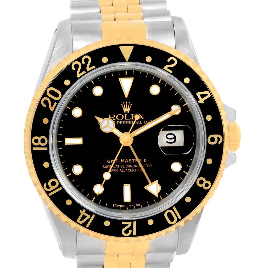 This Rolex GMT-Master 16713 Men's Stainless Steel Black Dial 16713 Men's Stainless Steel Black Dial II watch is shown from a frontal angle, displaying the dial, bezel, hands, and part of the bracelet.