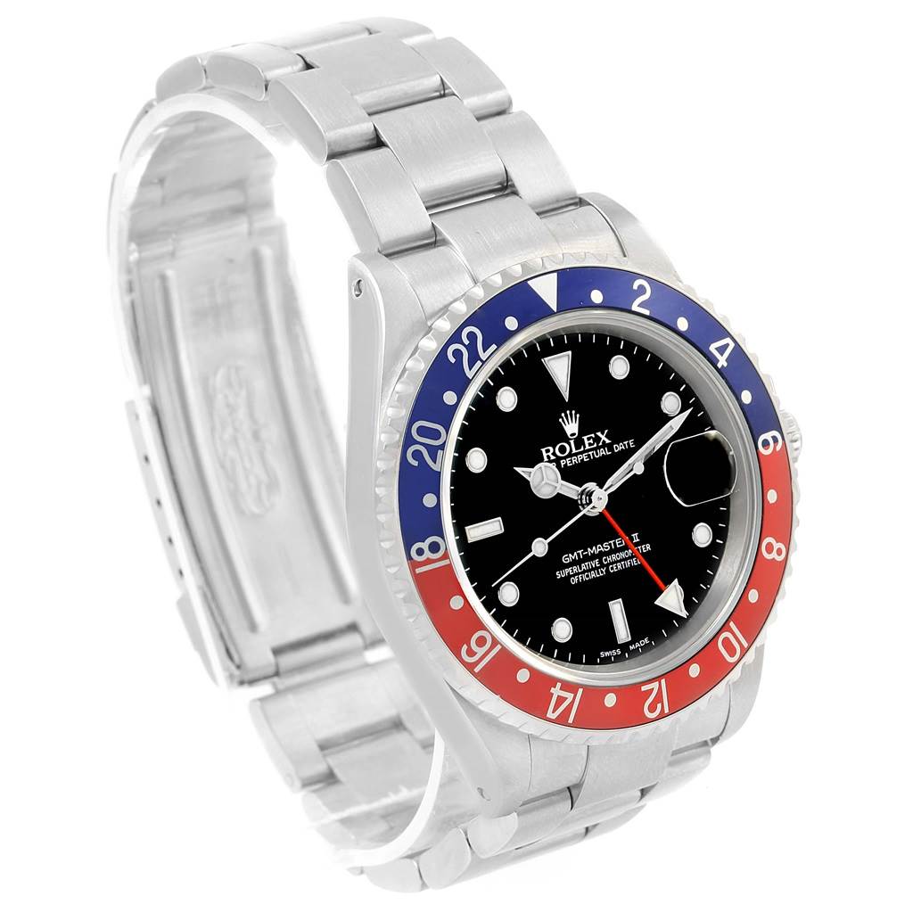 This image shows a Rolex GMT-Master 16710 Men's Stainless Steel Black Dial 16710 Men's Stainless Steel Black Dial watch angled to display the face, bezel, and part of the bracelet.