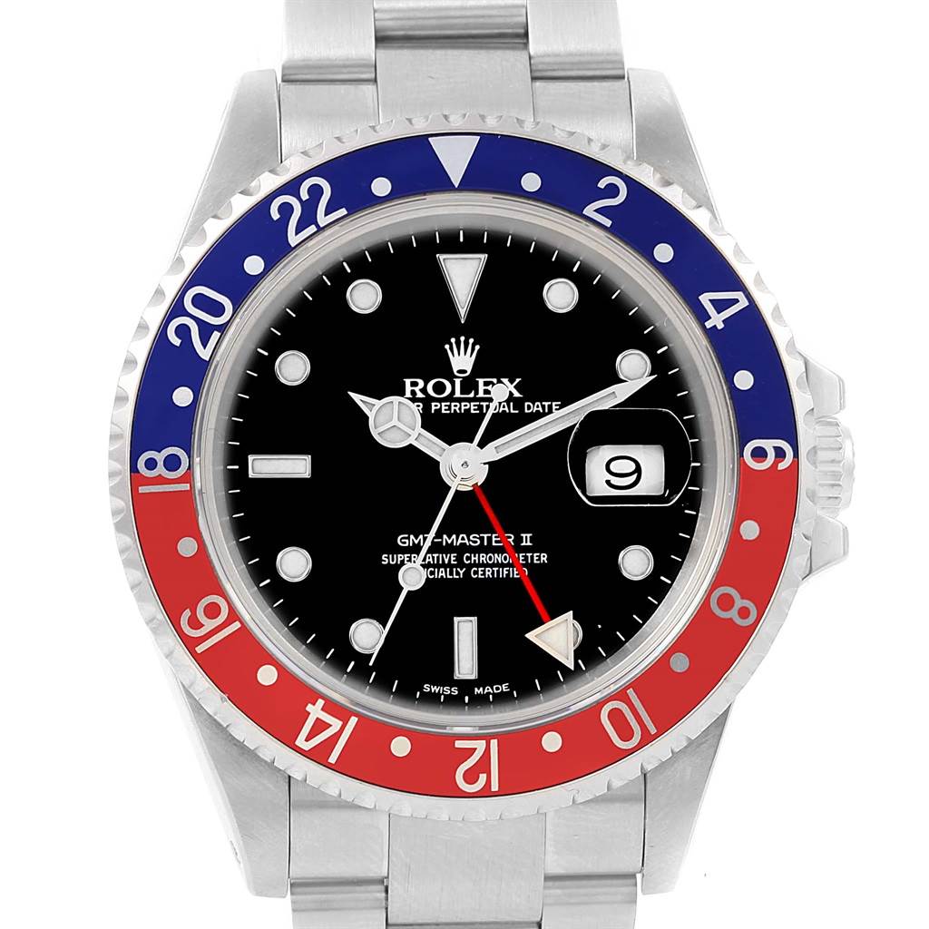 This image shows a front view of the Rolex GMT-Master 16710 Men's Stainless Steel Black Dial 16710 Men's Stainless Steel Black Dial watch, displaying the dial, bezel, and part of the bracelet.