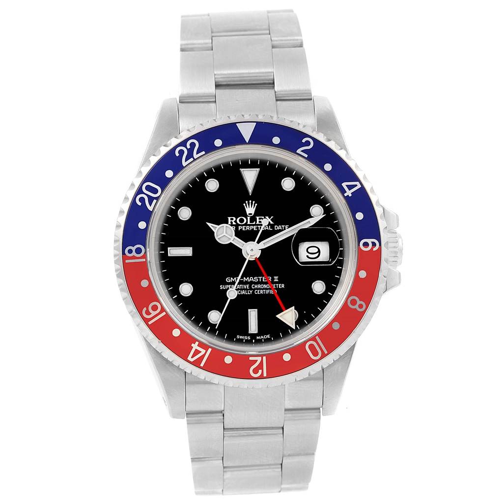The Rolex GMT-Master 16710 Men's Stainless Steel Black Dial 16710 Men's Stainless Steel Black Dial watch is shown from a front angle, displaying the bezel, dial, hands, bracelet, and date window.