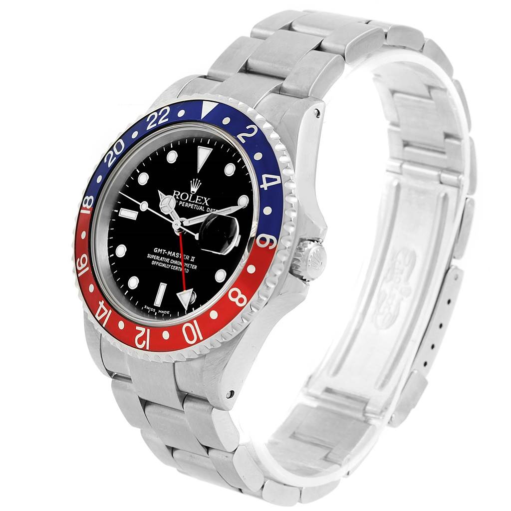 The image shows a Rolex GMT-Master 16710 Men's Stainless Steel Black Dial 16710 Men's Stainless Steel Black Dial II watch from a three-quarter angle, displaying its face, bezel, and bracelet.