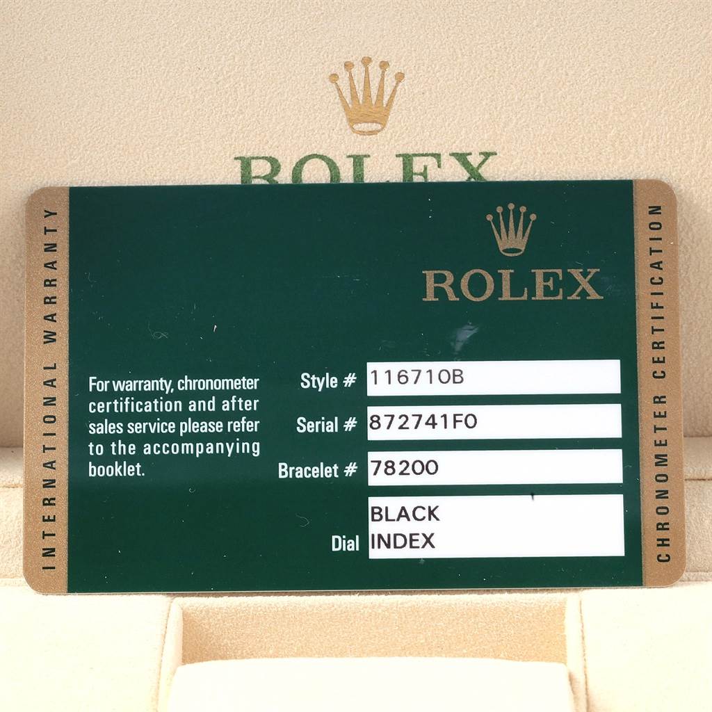 This image shows a warranty card for a Rolex GMT-Master 116710 Men's Stainless Steel Black Dial 116710 Men's Stainless Steel Black Dial model, with style, serial, and bracelet numbers, and dial information.