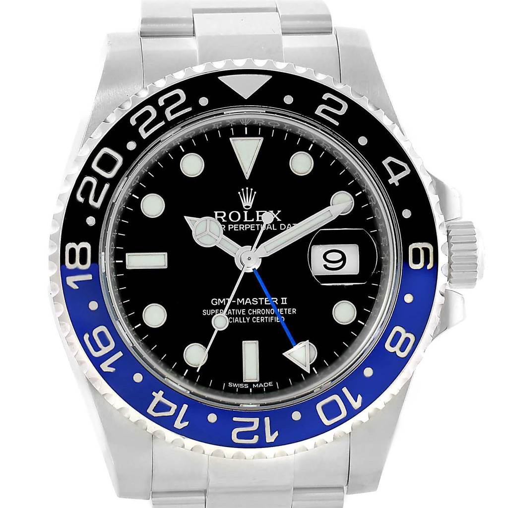 The image shows a front view of the Rolex GMT-Master 116710 Men's Stainless Steel Black Dial 116710 Men's Stainless Steel Black Dial II watch, displaying its dial, bezel, and bracelet.