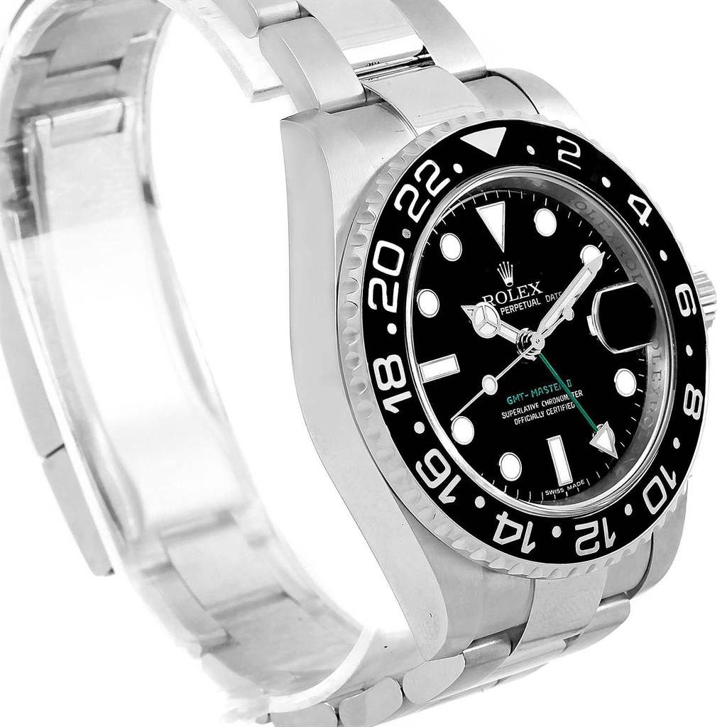 The Rolex GMT-Master 116710 Men's Stainless Steel Black Dial 116710 Men's Stainless Steel Black Dial watch is shown at an angle displaying its black dial, bezel, case, and part of the bracelet.