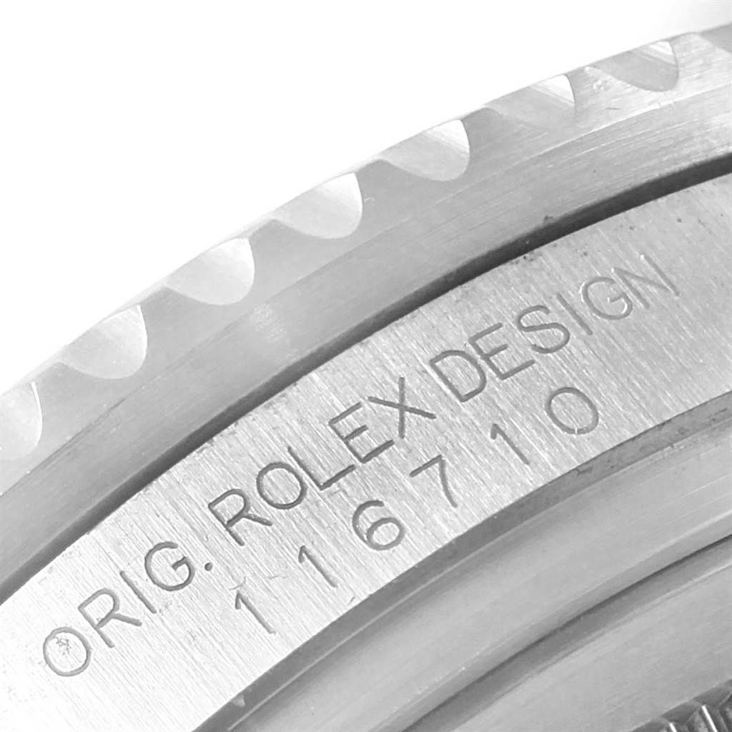 The image shows a close-up of the case back of a Rolex GMT-Master 116710 Men's Stainless Steel Black Dial 116710 Men's Stainless Steel Black Dial, featuring the engraved model number "116710."