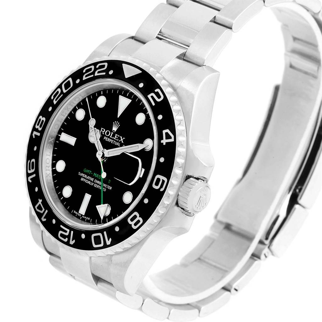The image shows a Rolex GMT-Master 116710 Men's Stainless Steel Black Dial 116710 Men's Stainless Steel Black Dial watch at a slight angle, highlighting the dial, bezel, crown, and part of the bracelet.