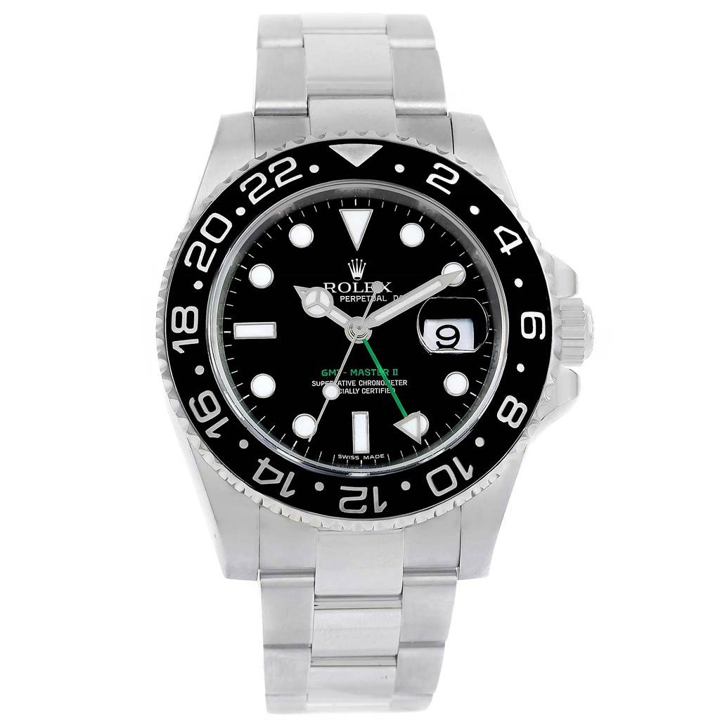 The image shows a front view of a Rolex GMT-Master 116710 Men's Stainless Steel Black Dial 116710 Men's Stainless Steel Black Dial watch, highlighting the face, bezel, and bracelet.