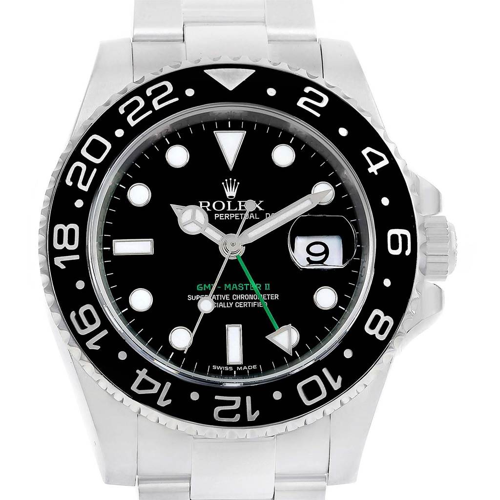 The image shows a front view of a Rolex GMT-Master 116710 Men's Stainless Steel Black Dial 116710 Men's Stainless Steel Black Dial II watch, displaying the bezel, dial, markers, hands, and date window.