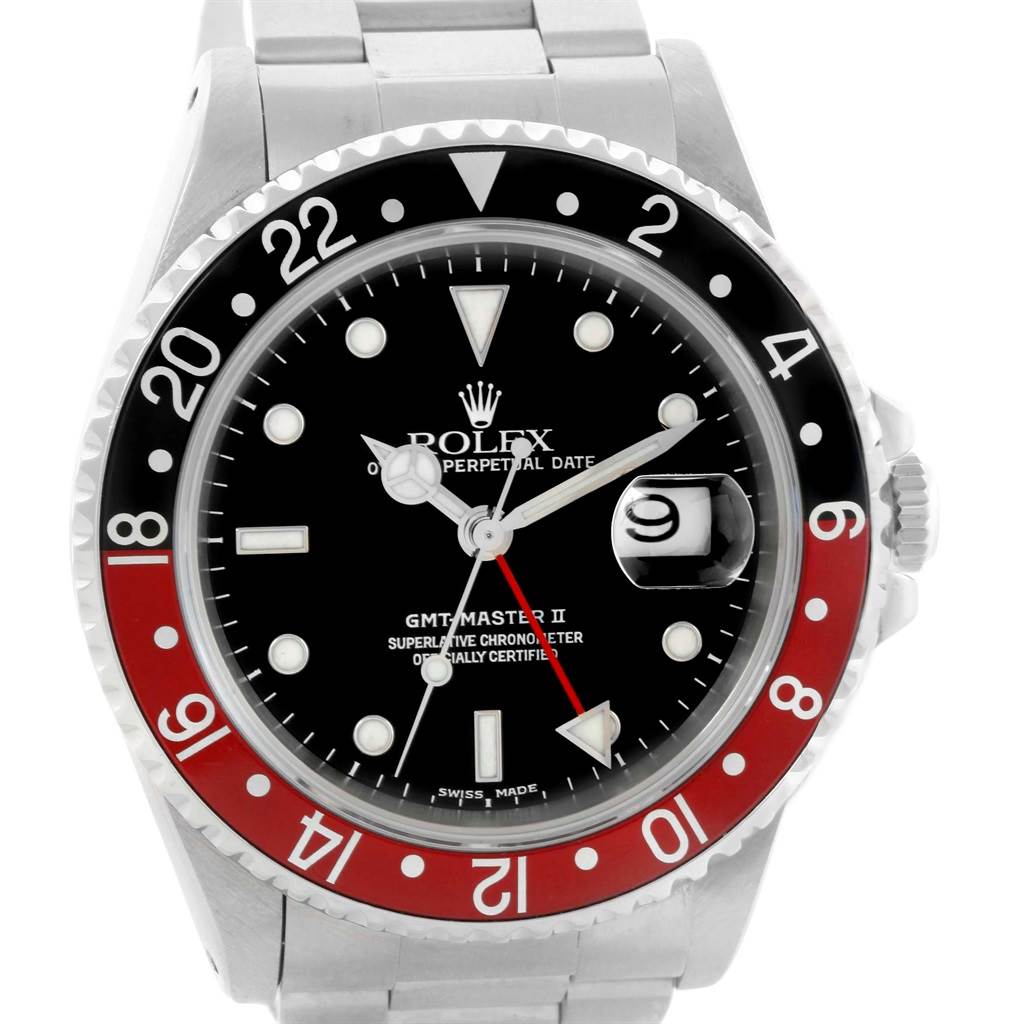 This image shows a front view of the Rolex GMT-Master 16710 Men's Stainless Steel Black Dial 16710 Men's Stainless Steel Black Dial II watch, highlighting its bezel, dial, hands, and date window.
