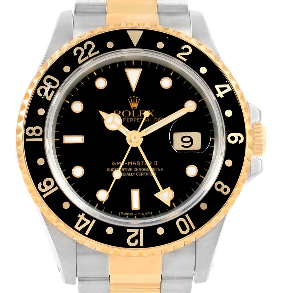 This image shows a frontal view of a Rolex GMT-Master 16713 Men
s Stainless Steel Black Dial 16713 Men
s Stainless Steel Black Dial II watch, highlighting the bezel, dial, and part of the bracelet.