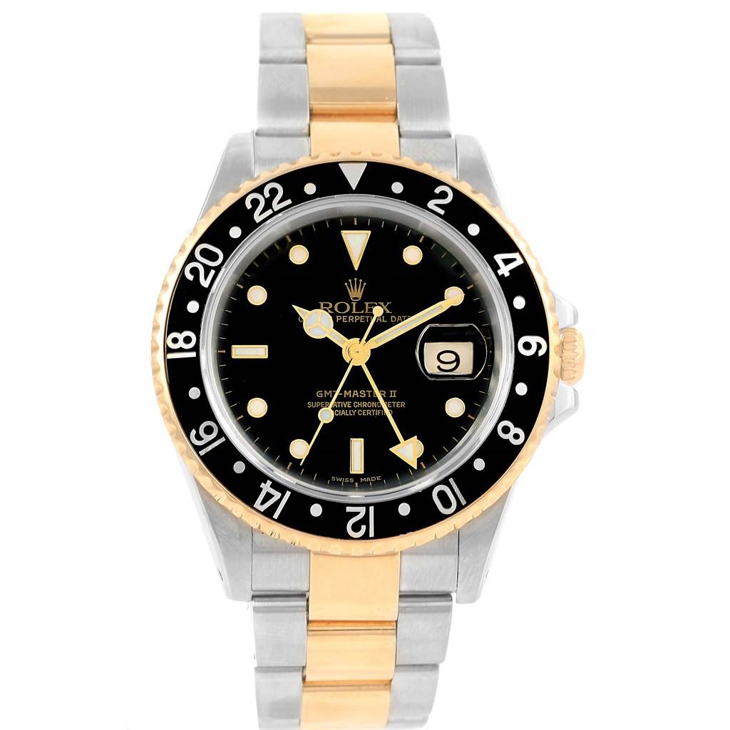 The image shows a front view of the Rolex GMT-Master 16713 Men's Stainless Steel Black Dial 16713 Men's Stainless Steel Black Dial II watch, highlighting the dial, bezel, and two-tone bracelet.