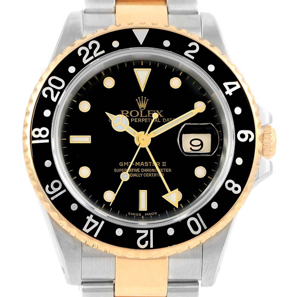 This image shows a front view of the Rolex GMT-Master 16713 Men's Stainless Steel Black Dial 16713 Men's Stainless Steel Black Dial II watch, featuring the bezel, dial, hands, and part of the bracelet.