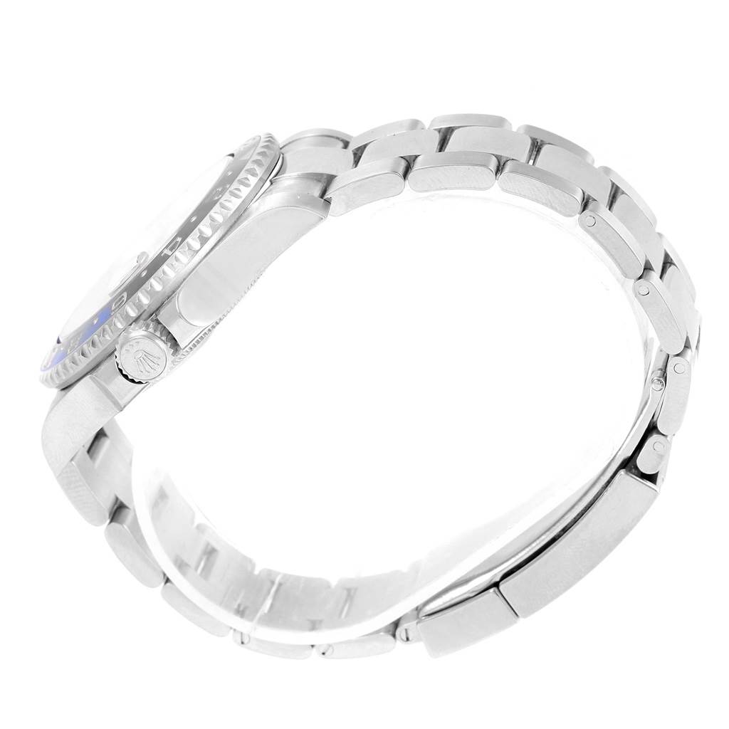 This image shows a side view of a Rolex GMT-Master 116710 Men's Stainless Steel Black Dial 116710 Men's Stainless Steel Black Dial watch, highlighting the bezel, crown, and bracelet.